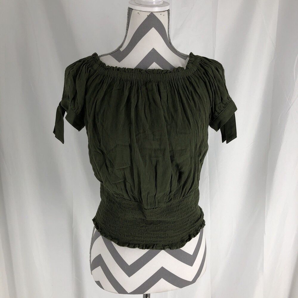 Express Shirt Womens Medium Olive Smocked Bow Sleeve Top Boho